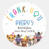 Dank je! Dieren Kinderen Verjaardag Ronde Sticker (Voorkant)