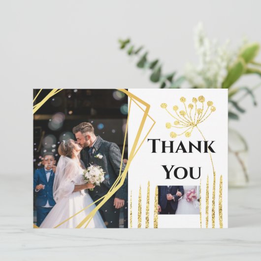 Dank je DIY 2 foto goud geometrische trouw chic Bedankkaart (Staand voorkant)