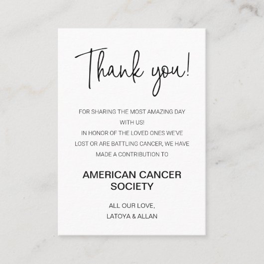 Dank je doneren aan liefdadigheidsbruiloft plaatskaartje (Voorkant)