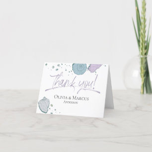 Dank je   Dusty Blue en Lila Plum Seashells Bedankkaart
