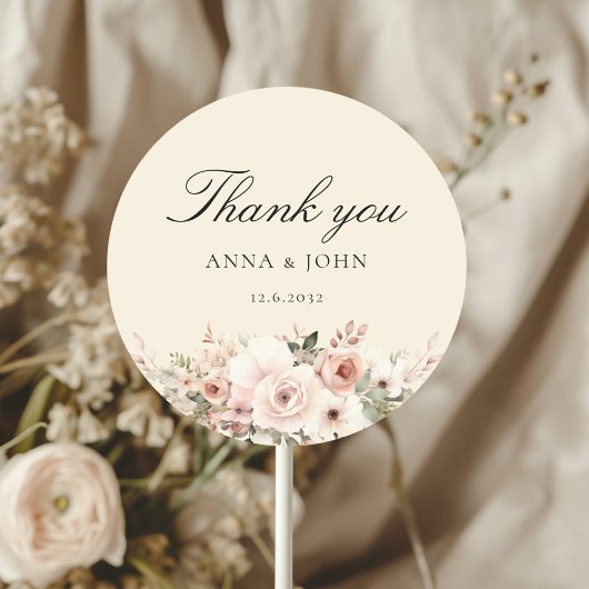 Dank je! Elegant, beige, pastel, bloem, trouwdag Ronde Sticker
