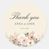 Dank je! Elegant, beige, pastel, bloem, trouwdag Ronde Sticker (Voorkant)