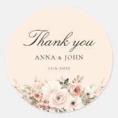 Dank je! Elegant, perzik, pastel, bloem, bruiloft Ronde Sticker (Voorkant)