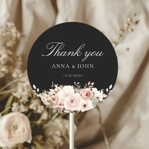Dank je! Elegant, zwart, pastel, bloem, trouwdag Ronde Sticker