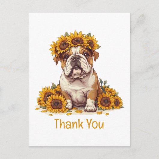 Dank je Engelse Bulldog Sunflower Kroon Briefkaart (Voorkant)