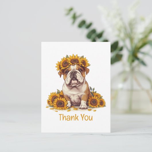 Dank je Engelse Bulldog Zonnebloem Kroon Briefkaart (Staand voorkant)