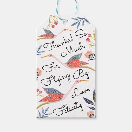 Dank je | Floral Botanical Stork Baby shower Cadeaulabel (Voorkant)