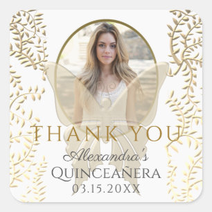 Dank je, Foto Quinceanera Goud Vierkante Sticker