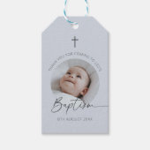 Dank je foto voor de doop in zachte blauwe tint cadeaulabel (Voorkant)