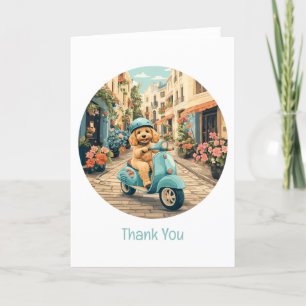 Dank je Goldendoodle-hond rijdt op een scooter Bedankkaart