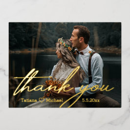 dank je , gouden chic handschrijver trouwfoto folie feestdagen briefkaart