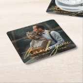 dank je , gouden handschrijvende trouwfoto kartonnen onderzetters (Schuin)