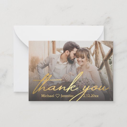 dank je , gouden handschrijvende trouwfoto notitiekaartje (Voorkant)
