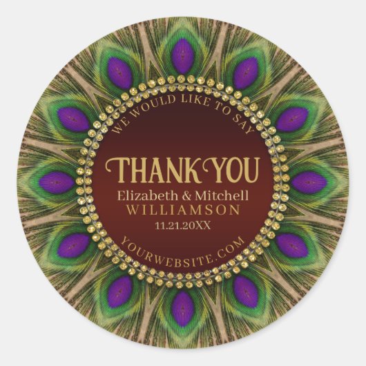 Dank je gouden pauwenveren Mandala Ronde Sticker (Voorkant)