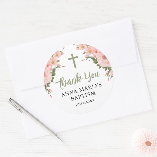 Dank je Green Pink Flowers Girl Baptisme Ronde Sticker (Envelop)