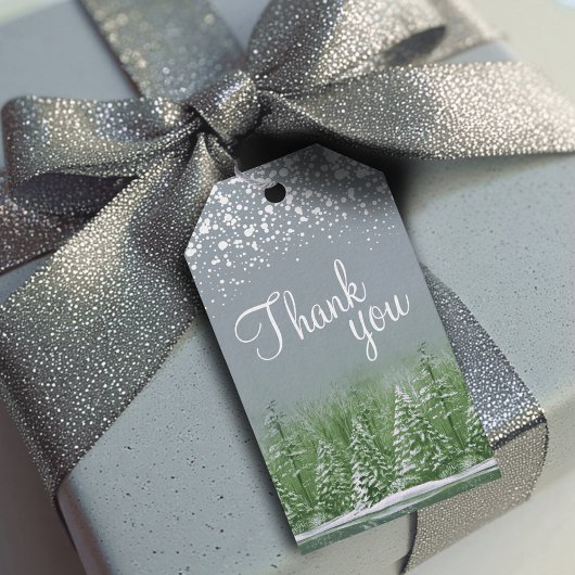 Dank je groene grijze pijnboom bomen kunst cadeaulabel