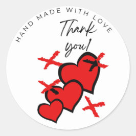 Dank je handgemaakt met liefde Xs en harten Sticke Ronde Sticker