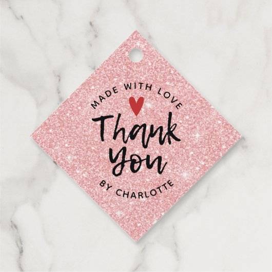 Dank je handgemaakt met liefdesroze glitter bedankjes labels (Achterkant)