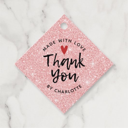 Dank je handgemaakt met liefdesroze glitter bedankjes labels (Voorkant)
