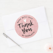 Dank je handgemaakt met liefdesroze glitter ronde sticker (Envelop)