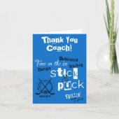 Dank je hockeycoach Stok- en pucktijd op Blauw Bedankkaart (Voorkant)