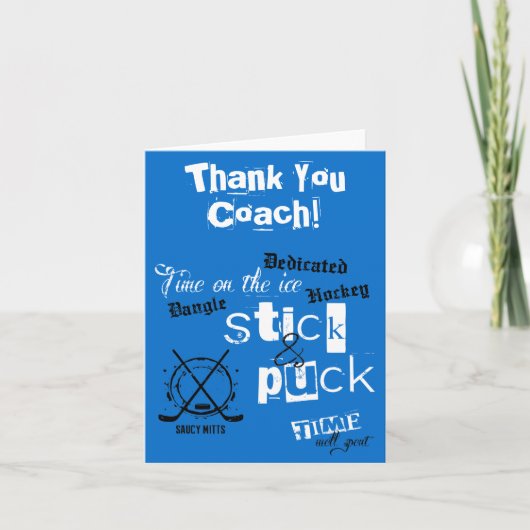Dank je hockeycoach Stok- en pucktijd op Blauw Bedankkaart (Voorkant)