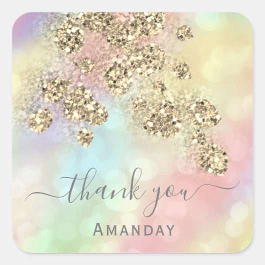 Dank je  Holografisch Roze Bloem Glitter Goud Vierkante Sticker (Voorkant)