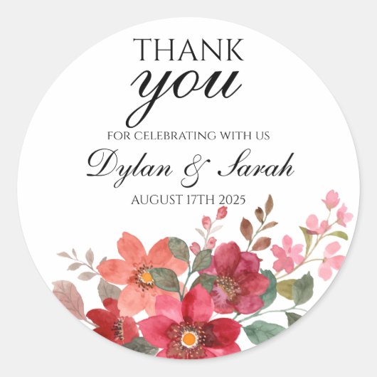 Dank je huwelijksgunst Rode Bloemen Ronde Sticker (Voorkant)