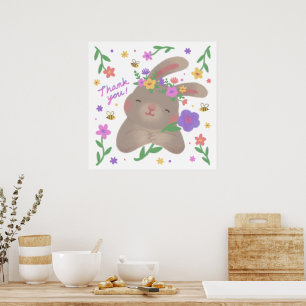 Dank je: Konijn met Bloemen Poster