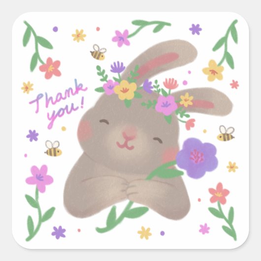 Dank je: Konijn met Bloemen Vierkante Sticker (Voorkant)