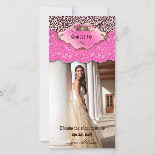 Dank je Leopard Lace Jewel Sweet 16 Roze Bedankkaart (Voorkant)
