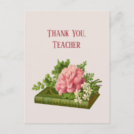 Dank je, Leraar, VIntage afbeelding Pioen op Boek Briefkaart