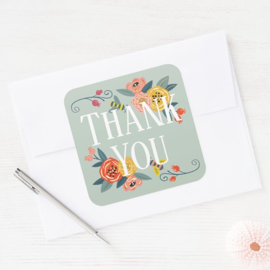 Dank je | Levendige Bloemen Wildbloemen & Honingbi Vierkante Sticker (Envelop)