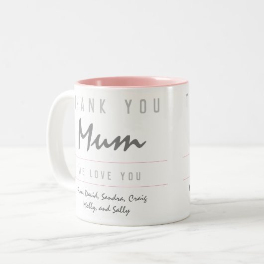 Dank je mam. We houden van je. moeder Tweekleurige Koffiemok (Voorkant links)