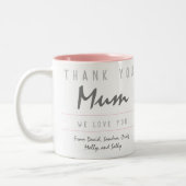 Dank je mam. We houden van je. moeder Tweekleurige Koffiemok (Links)