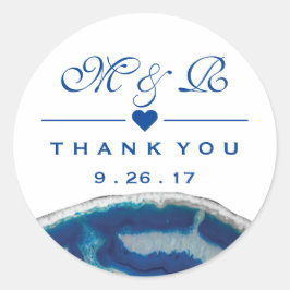 Dank je | Marine Blauw Bruiloft Monogram Agaat Ronde Sticker