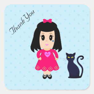 Dank je meisje en kat met sterren op lichtblauw vierkante sticker