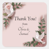 Dank je! met Namen, Duif & Witte Rozen Vierkante Sticker (Voorkant)