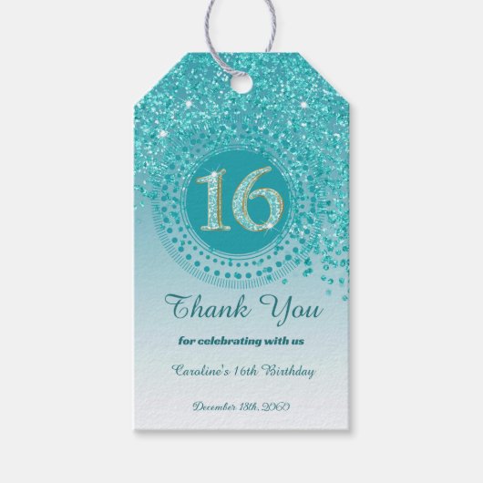 Dank je, Modern Blauwgroen Glitter Sweet 16 Cadeaulabel (Voorkant)