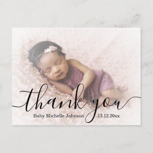 dank je , modern script , foto van pasgeboren baby briefkaart (Voorkant)