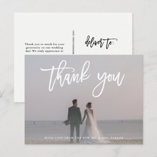 Dank je | Modern script met trouwfoto Briefkaart (Voorkant / Achterkant)