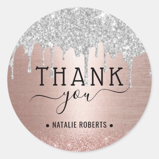 Dank je moderne zilveren glitters rozegoud ronde sticker (Voorkant)