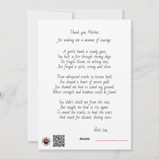 Dank je, Moeder Gedicht Kaart (Achterkant)