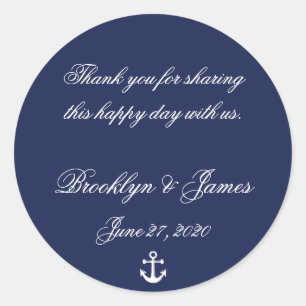 Dank je Navy Blue Zeevaart Huwelijksstickers Ronde Sticker