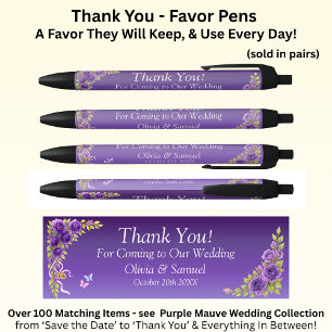 Dank je, Paarse Mauve Bloemen & Witte Bruiloft Zwarte Inkt Pen
