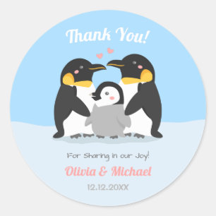 Dank je Pinguïnfamilie Baby Shower Decoratie Ronde Sticker