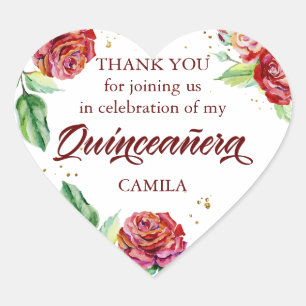 Dank je Red Gold Bloemenschildering Quinceanera Hart Sticker