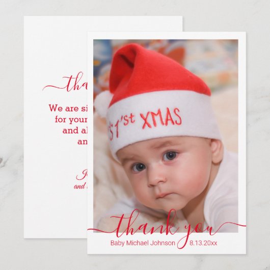 Dank je, Red Script Baby Boy Foto Notitiekaartje (Voorkant / Achterkant)