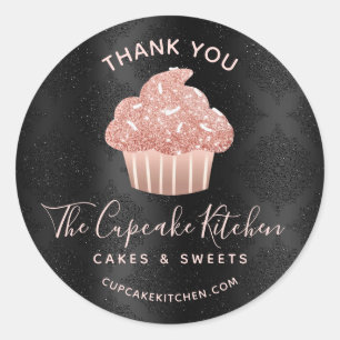 Dank je Rose Gold Cupcake Bakkerij Zwart Damast  Ronde Sticker