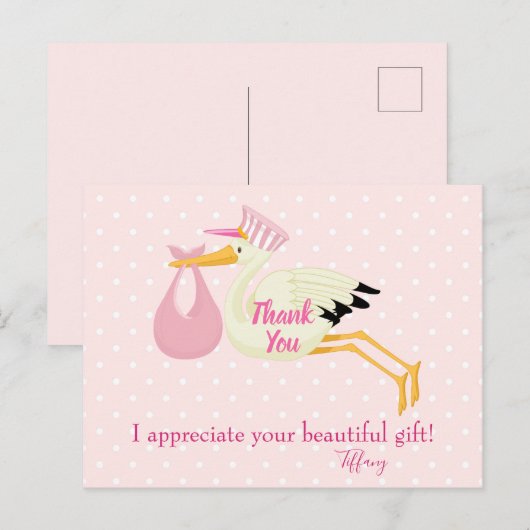 Dank je roze poka Dots met Stork Briefkaart (Voorkant / Achterkant)